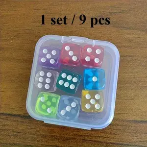 Click to see full view Dice Set with Storage Box, 9 Pieces, Transparent Case, Multiple Colors Portable and Easy to Organize
