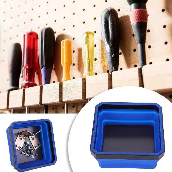 Square silicone foldable magnetic parts tray — strong magnet version; hardware tool parts box; silicone tool tray
