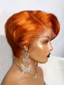 8 Inches Ginger 13x4 Transparent Lace Front Wigs for Women, Pixie Cut Straight Human Hair Wig, Short Bob Wig 180% Density
