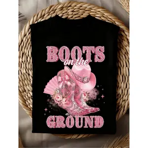Women's Western Cowboy T-Shirt- Shiny Rhinestone Boots and Pink Boots Print, Solid Color Short Sleeve Round Neck Top, Suitable for Country Parties, Rodeos, Casual Wear- Breathable Spring Summer Outfit