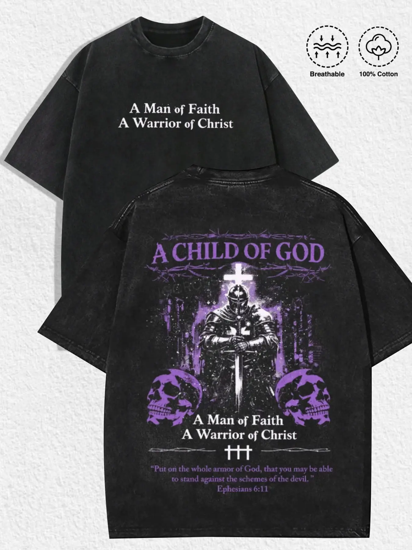 1 PCS A Child Of God Knight Skull Front Faith Slogan & Back Ephesians 6:11 Bible Verse Distressed Graphic Print, Gothic Christian Warrior Religious Streetwear, Breathable Unisex Tee For Faith Believers Casual Daily Outfit