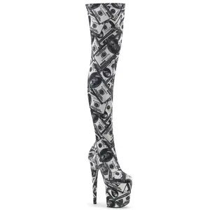 Pleaser Flamingo-3000DP Womens Thigh High Boots in White/Black Fabric