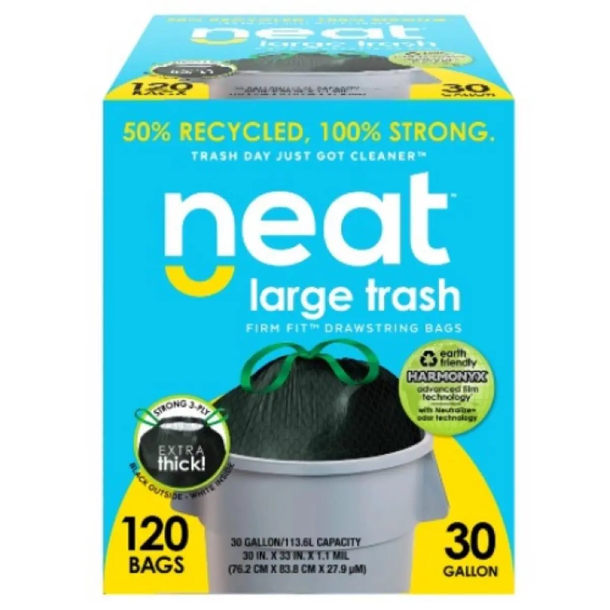 Aluf Plastics NEAT-30G-120 Triple-Ply Recycled 30 Gal Drawstring Trash Bags, Eco-Friendly Reversible Mega Pack for Tall Kitchen Use