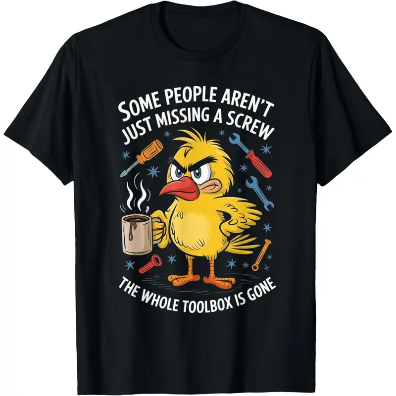 Men's Cotton Short-Sleeve Round Neck Print T-Shirt - Breathable Classic Casual Top by Sohochic, Featuring "Some People Aren't Just Missing A Screw" Cartoon Duck Graphic, Cute Unique Humorous Design