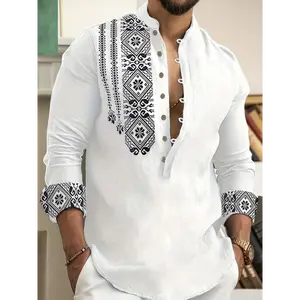 Men'S Casual Long Sleeve Henley Shirt, Geometric Pattern, Stand Collar, Regular Fit, Single Breasted, Woven Polyester 100%, Spring/Fall Top, 120gsm Fabric Weight, Regular Hem, No Belt - H