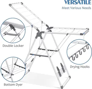 TOOLF Clothes Drying Rack, Aluminum Foldable 2-Level Drying Racks , Large Laundry Stand with Height-Adjustable Gullwings, Clips Hooks for Bed Linen, Clothing, Socks, Scarves