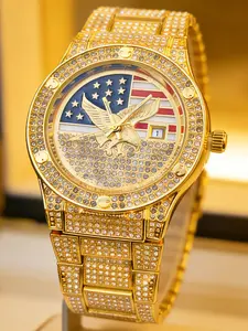Men's Quartz Watch with American Flag Eagle Dial, Full Diamond Analog Wristwatch, Fashionable Unisex Jewelry, All Seasons Wear