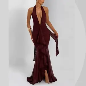 Lucia Luxe Maxi – Radiant Elegance in Cherry Dress Women's Off-Shoulder Evening Womenswear Formal Mermaid Prom Dress V-Neck