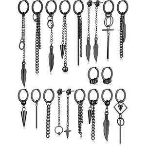 20PCS Cross Dangle Earrings for Men, Stainless Steel Stud Hinged Hoop Earrings, Long Chain Kpop Earrings for Women, Black