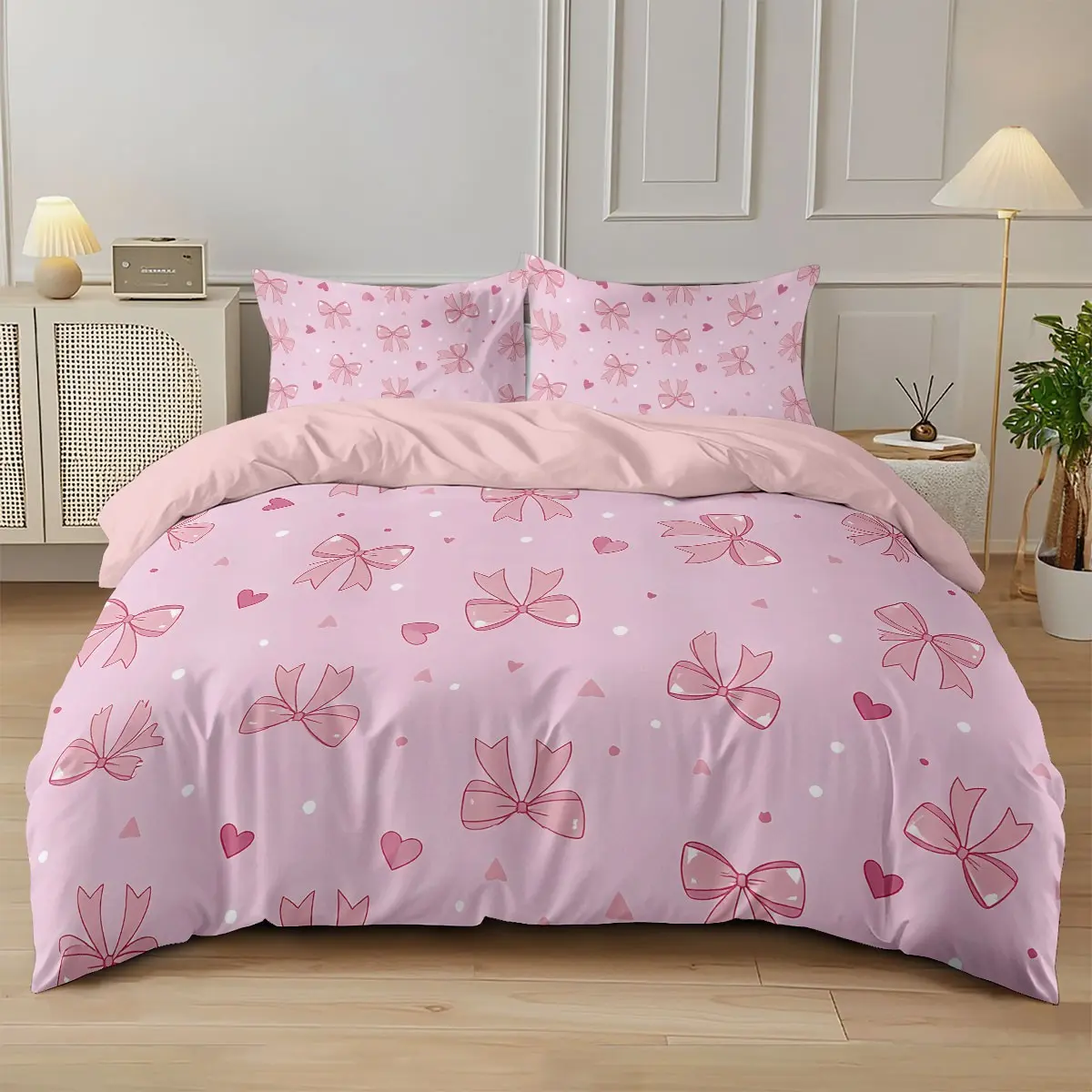 3-piece quilt cover set (1 quilt cover +2 pillowcases, no core) girl style, light powder wave dot bow love print, soft and comfortable bedding, suitable for all rooms
