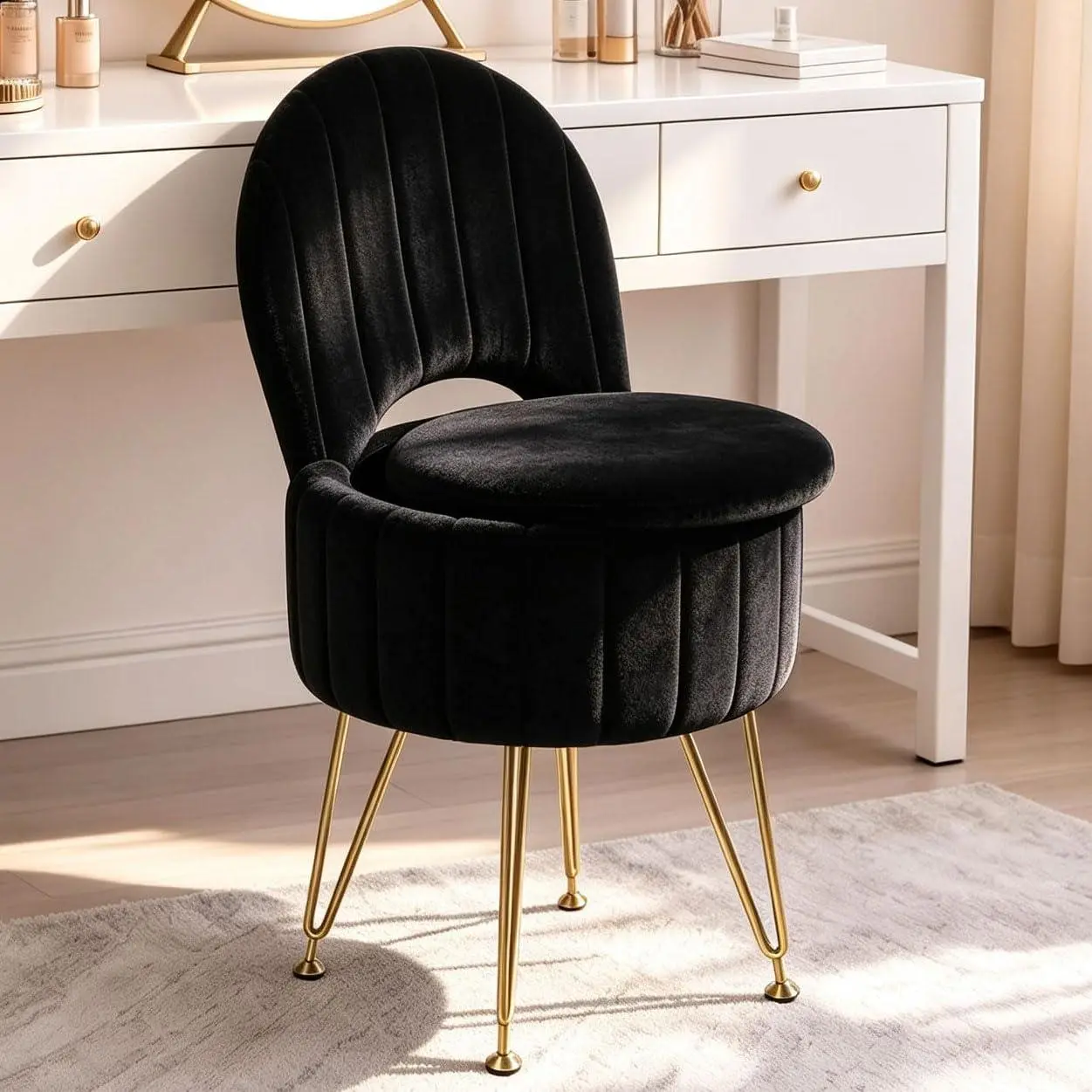 Vanity Stool Chair with Storage, Folding Back,Faux Fur,Black,Small, Soft Ottoman,Modern Chairs for Makeup,Vanity Bench,Metal Legs, Adjustable Feet,for Living Room,Bedroom,Makeup Room,13*13*28in