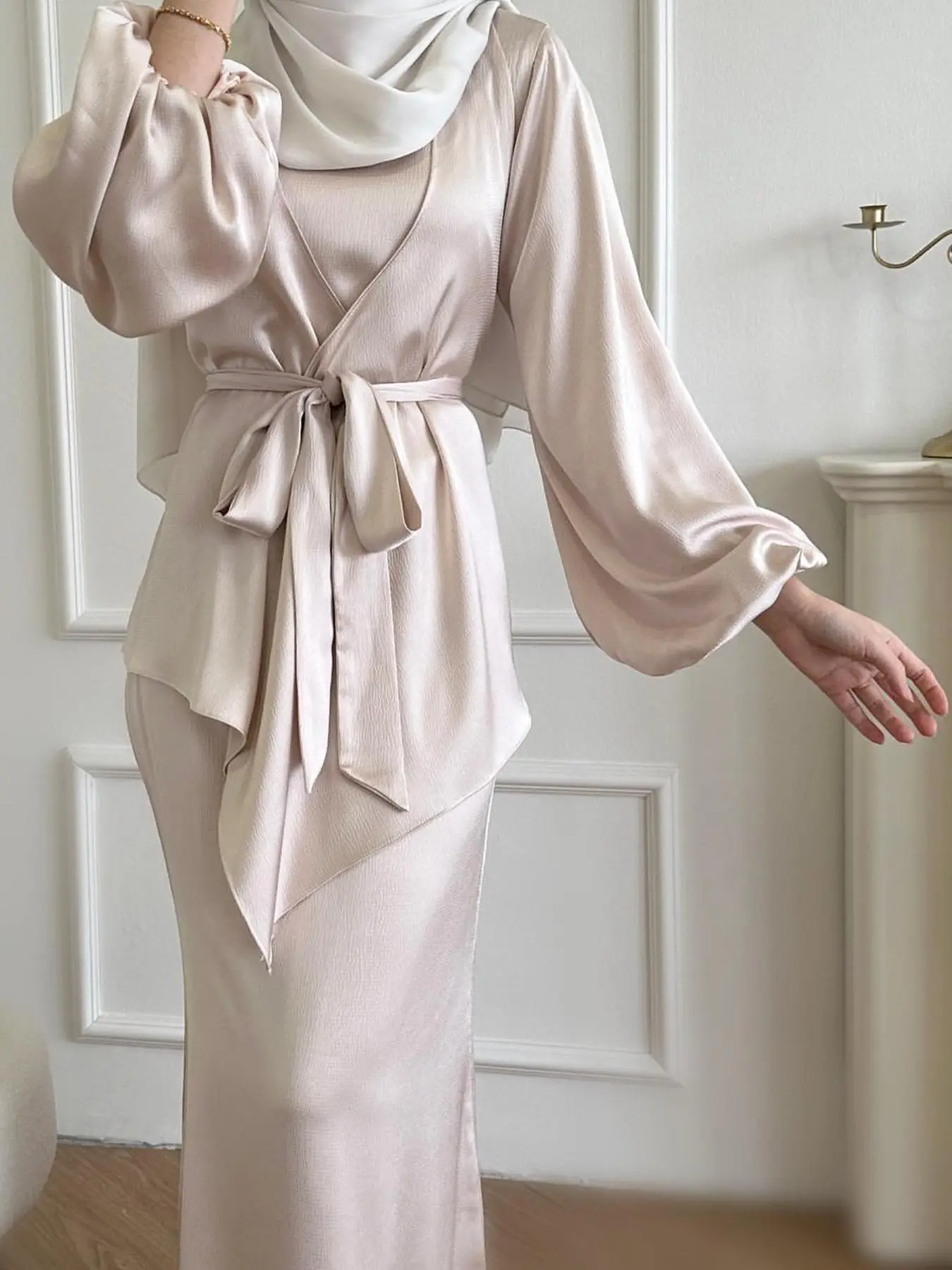 Women's Solid Color Satin Abaya Two-Piece Set, Modest Long Sleeve Open Front Outerwear & Dress Set for Daily Wear, Women's Islamic Clothing for All Se