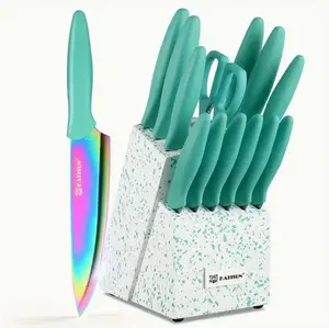 14-Piece Rainbow Titanium Knife Set with Block – Premium Kitchen Knives