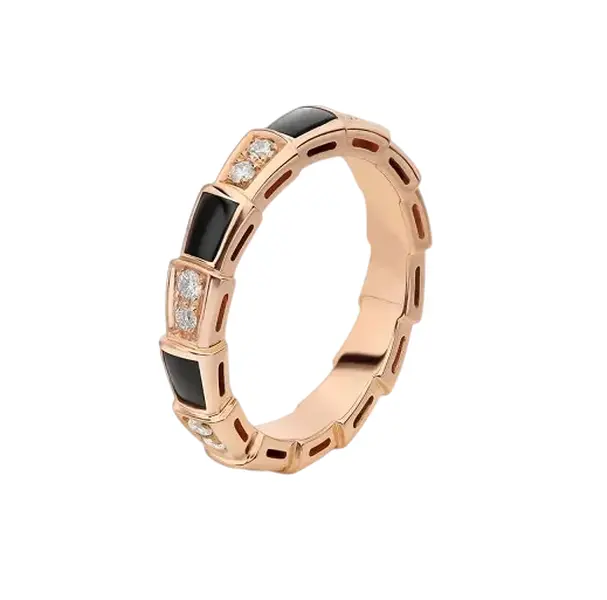 Pre-owned BVLGARI 18K Rose Gold Diamond Black enamel small model Serpenti Viper Band Ring