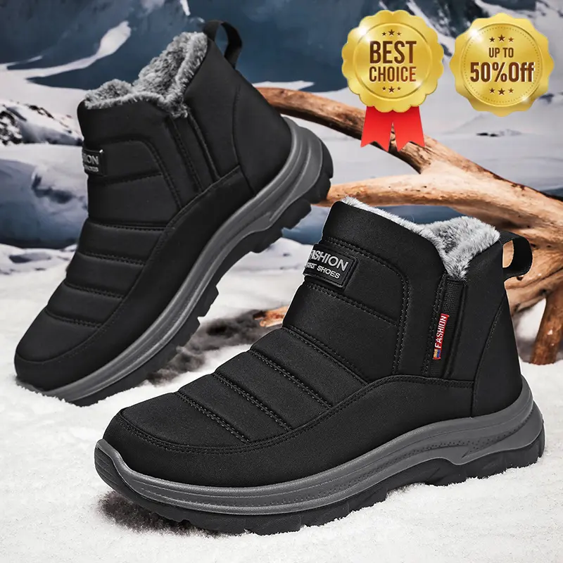 Men's Warm Faux Fur Snow Boots, Plain Round Toe Slip On Comfortable Mid-Calf Boots, Outdoor Lightweight Non-slip Durable Winter Boots