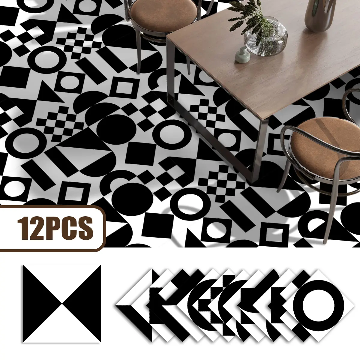 12pcs and Geometric Patchwork Floor Tiles, Self-Adhesive Design for Bathroom Kitchen Living Room, DIY Home Decor and Renovation, Durable PVC Material