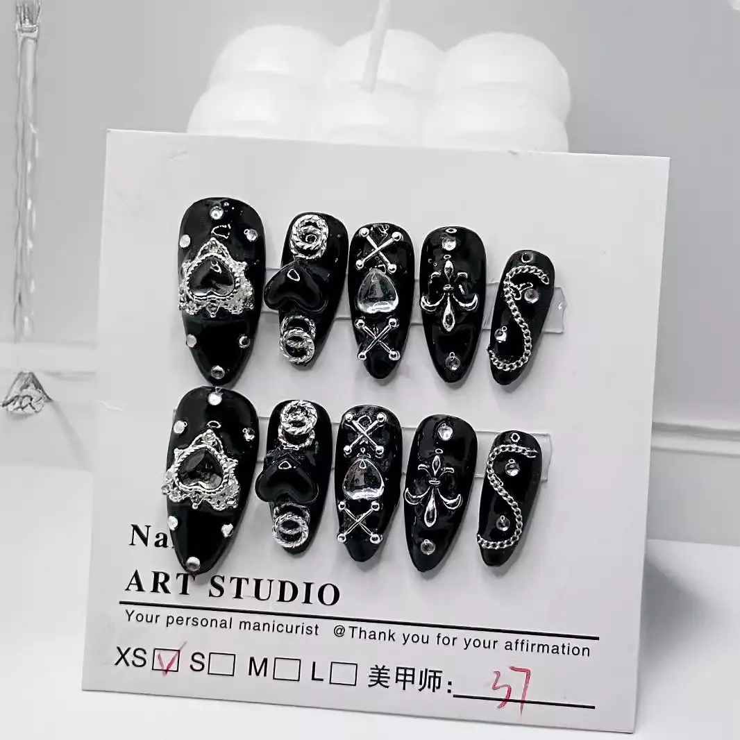 Handmade Black Gothic Press on Nails, Y2K Punk Style 3D Heart & Cross Charms, Luxury Coffin False Nails, Reusable Glue on Nails with Kit