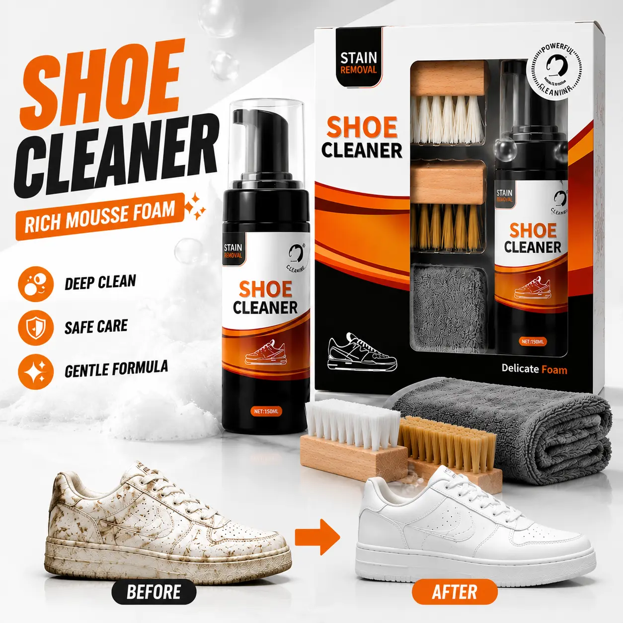 Powerful Foam Shoe Cleaner Kit - 150ml No-Rinse Sneaker Cleaner, Stain Remover for White Sneakers, Trainers & Canvas Shoes, Includes Dual Brushes & Microfiber Towel for Easy Shoe Care