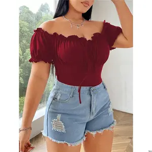 T Shoulder Plus Flirla Size Solid Color Off - Frill Trim Chest Pleated Tie Knot - Shirt