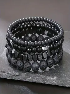 Men's Volcanic Rock Beaded Bracelet Set, 4 Piece Casual Style Jewelry Gift for Men, Perfect Daily Wear Accessory, Stackable Bracelets
