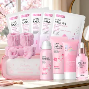 LAIKOU Cherry Blossom Daily Facial Routine Kit -  Intensive Hydrating & Brightening Beauty Box for Teenagers - Budget-Friendly Sun Protection Skincare Gift with Travel Pouches for Girls