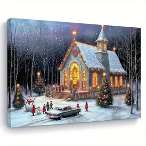 1 Piece Winter Night Snow Scene Wooden Frame Canvas Painting - Large Window Snow Scene Church, Christmas Wall Decoration, Modern home decor - Home Ready-to-Hang Horizontal Landscape Art - Vintage Winter Village Decoration - Perfect Housewarming Gift