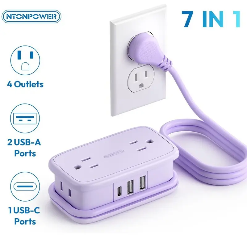 NTONPOWER Travel Power Strip, Cruise Essentials 7-in-1 Compact Portable, 4 AC Outlets 3 USB Ports (USB-C Fast Charging 65W/15W), 4FT Wrapped Around Extension Cord Home Office, Perfect Gift for Purple & Blue Travel Essentials