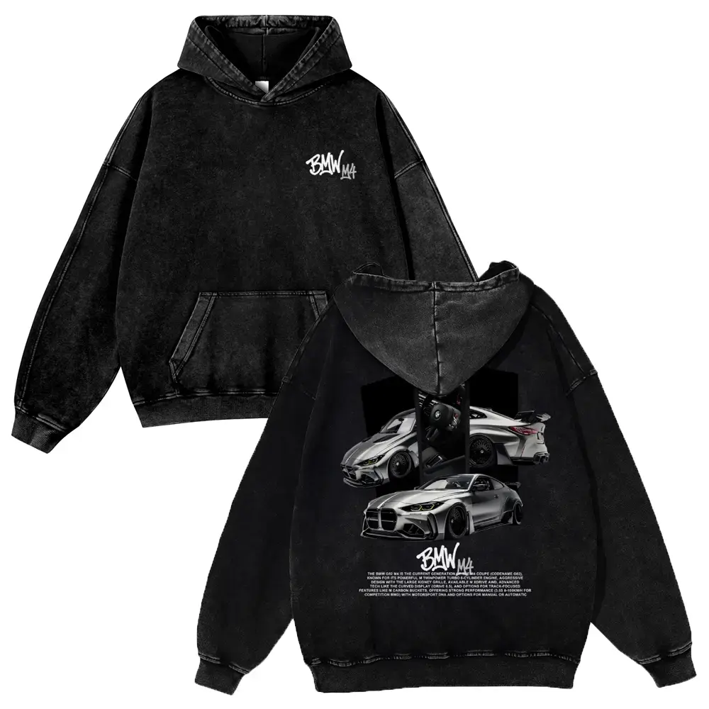 Men's 380g Autumn Vintage Washed Hoodie - Poly-Cotton Car Graphics Sweatshirt for Car Enthusiasts, Cold Wash Compatible