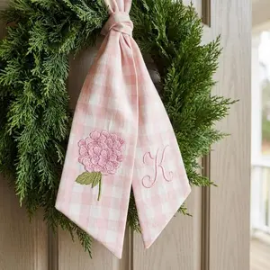 Embroidered Hydrangea Wreath Sash Bow, Personalized Initials Door Hanger, Seasonal Floral Toile Front Door Decor, Custom Housewarming Gift