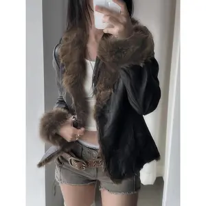 Women's Retro Plush-Trimmed PU Leather Jacket - Slim Fit Long Sleeve Winter Coat with Faux Fur Detail, Brown/Black, Machine Washable, Cute Jacket