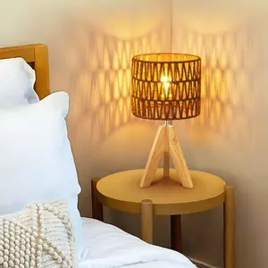 EDISHINE Small Table Lamp, 14.17" Wood Tripod Bedside Lamp with Bamboo Lampshade & PVC Shade, ON-Off Switch & E26 Base, Boho Nightstand Lamp for Living Room, Bedroom