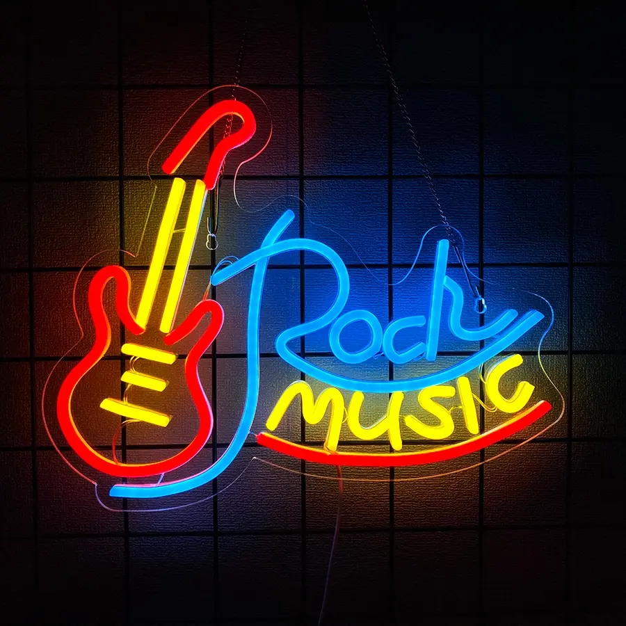 Guitar Rock and Roll Neon Sign,Neon Light Sign,Led Neon Light for Wall Decor,Guitar Shape Light Up Sign,USB Neon for Bar Live Music Vocal Recital Concert Man Cave