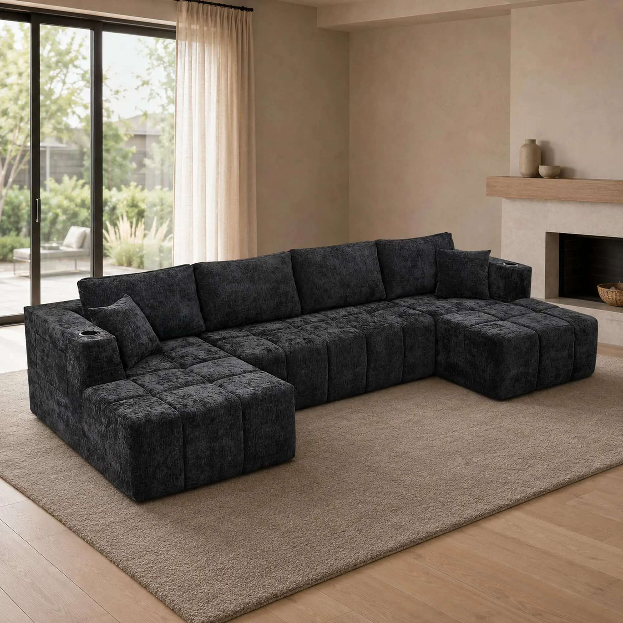 132.48 In U-Shaped Chenille 4-Seat Sectional Sofa, Black, 2 Chaise Lounges, Built-In Cup Holders, Side Storage Pockets, Foam Cushion Support, No-Assembly-Required Living Room Couch