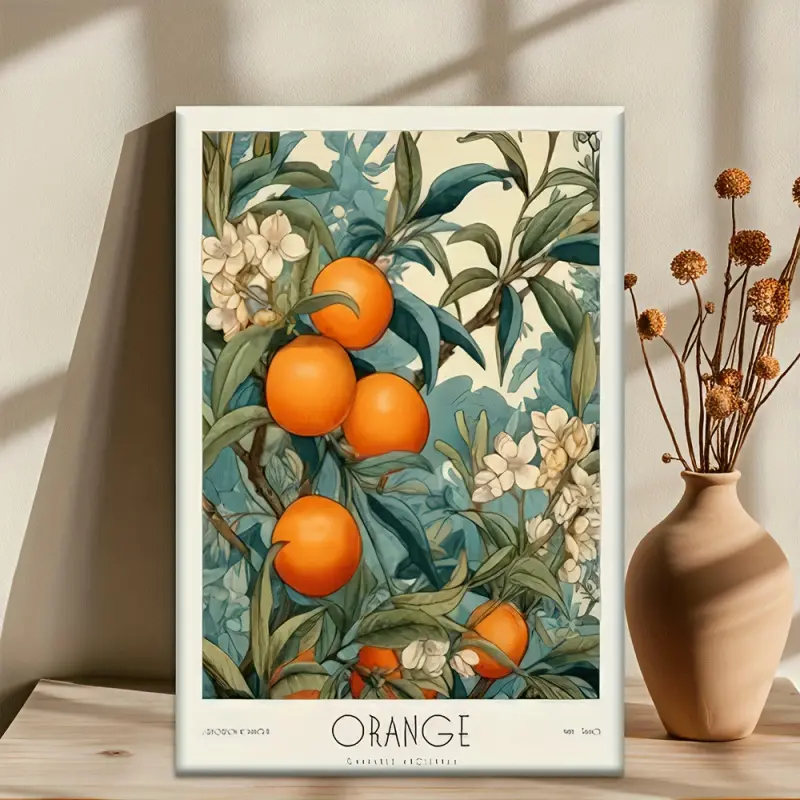 1 Piece Morris Exhibition Orange Still Life Abstract Fruit Painting - Wooden Frame Classic Citrus Art with Green Leaves and Orange Blossoms, Soft Beige Tone, Suitable for Office, Cafe Wall Decoration - Perfect Birthday/Holiday/Valentine's Day Gift, 2D Fla