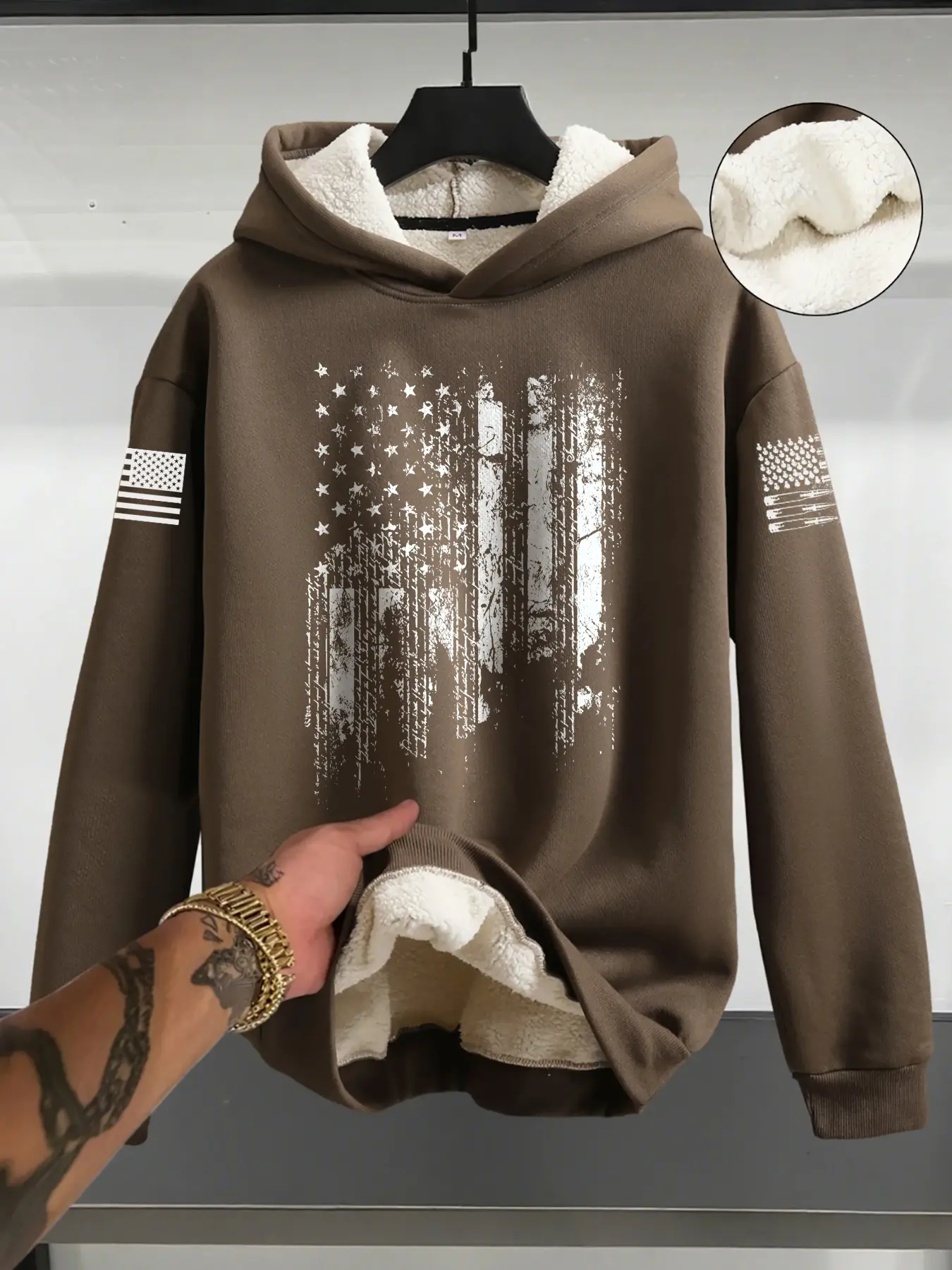 Men's Winter Thick Fleece Hoodie, Flag Pattern Print Design, Casual Fashion Daily Wear, Comfortable Loose-Fit Long Sleeve Sweatshirt