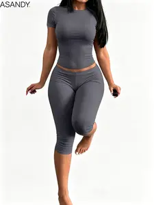 2 Pieces Set Women Round Neck Short Sleeve Solid Color T Shirt And 3 4 Capri Pants Soft Stretch Summer Yoga Casual Daily Street Matching Outfit Black 2026 New Arrival