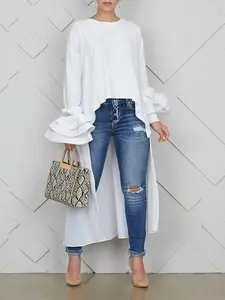 Women's Plain Basic Long Sleeve High Low Blouse, Shirts, Casual Fitted Top for Everyday Wear, Ladies Clothes for All Seasons, Womenswear