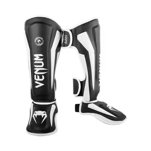 Venum Elite Standup Shin Guards - Black/White, 100% Skintex Leather, Pro-Anatomical Reinforcement, 2 Large Velcro Straps, Custom Fit