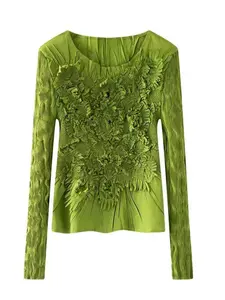 Women's Spring New Long Sleeve Ruched Top, Thin Loose-Fitting Round Neck Blouse, Casual Outerwear for Spring & Fall