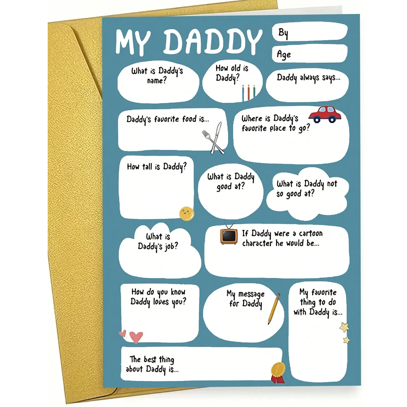 1pc Fill-In-The-Blank "My Daddy" Questionnaire Card With Envelope. Includes Envelope, Premium Matte Cardstock Paper. Playful Hand-Drawn Design，Perfect For Father's Day/Birthday-The Ideal Interactive Keepsake Card For Dads，party gift