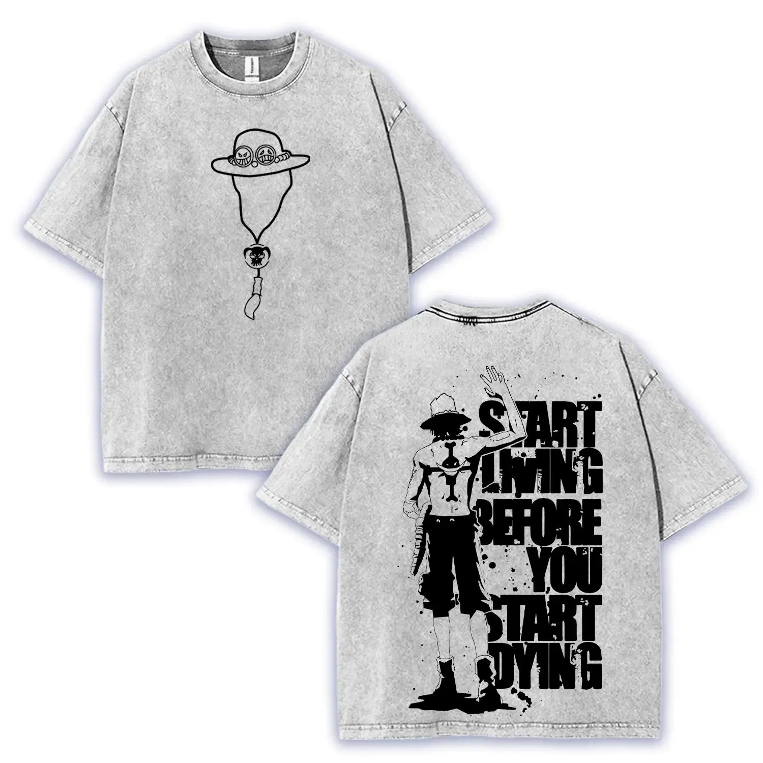 ACE x One Piece Vintage Tee Anime Double Printed Oversize 100% Cotton Crewneck S-5XL Classic Seamless Fabric Acid Washed Graphic Tee for Men Menswear Oversized streetwear graphic tee Menswear Tops Crewneck Shortsleeve