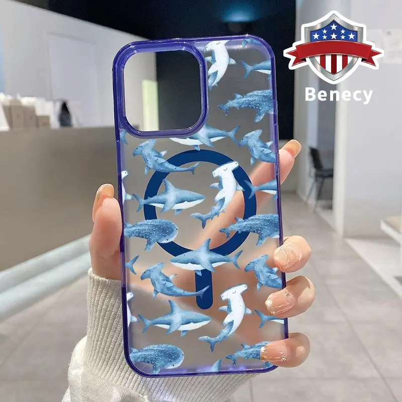 Magnetic Phone Case Supports Wireless Charging for iPhone 15 16 14 Pro Max 13 12 11 XR XS Plus E Blue Ocean Sharks Pattern Silicone Shockproof Transparent  Drop Protective Cover