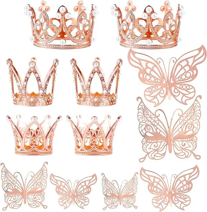 30 Pieces Mini Crown Cake Topper Small Rose Gold Crown Mini Tiara with 3D Rose Gold Butterfly Decoration 3D for Flower Arrangements Crown Cake Topper for Wedding Baby Shower Birthday Party (Rose Gold)