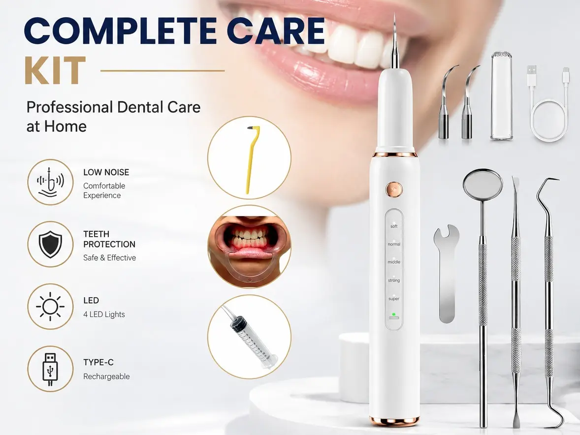 Electric Teeth Cleaning Kit - 5 Modes Plaque Remover, 3 Replaceable Heads for Home Use