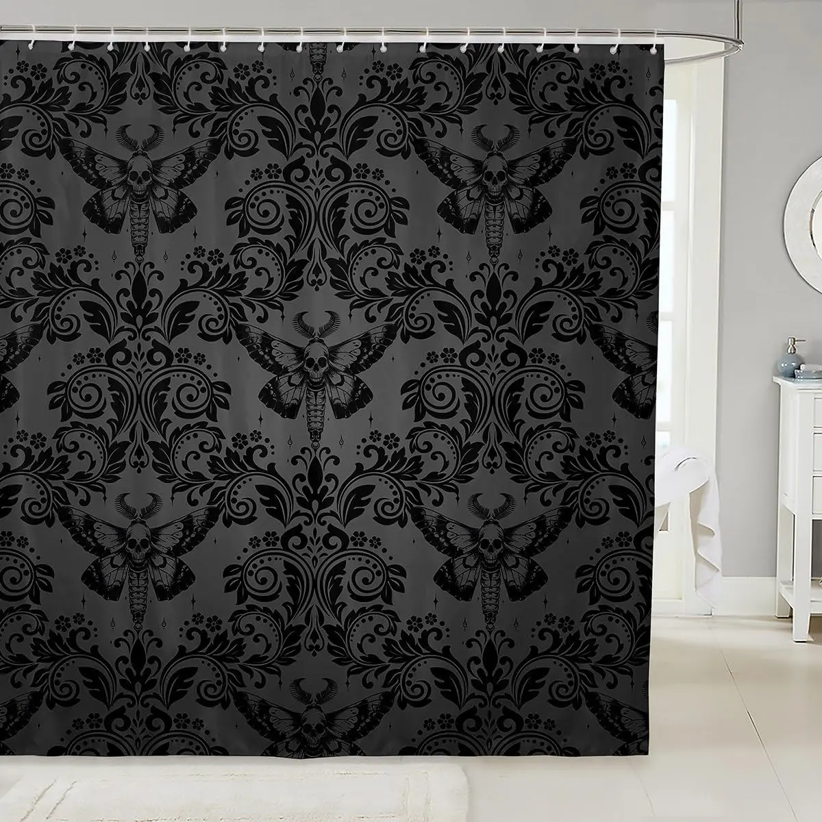 Feelyou Gothic Aesthetic Shower Curtain Set - Waterproof Gothic Vintage Floral Black Damask Washable Bathroom Curtain for Girls, Essential Household Textile Bath Accessories, Waterproof Shower Curtain