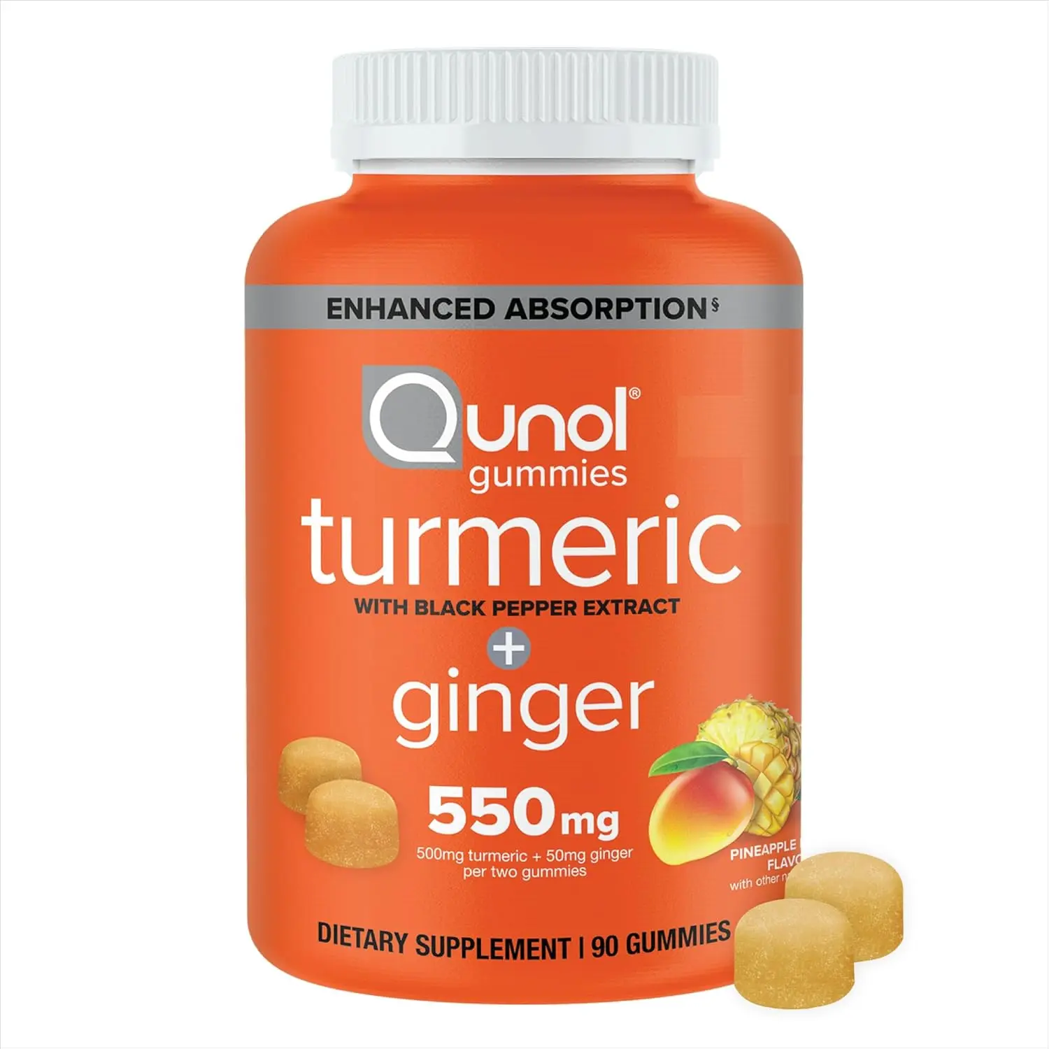 Turmeric-Ginger with Black Pepper Gummies, Gluten-Free Herbal Supplement for Adults, Joint & Immune Support, 90ct Curcumin Infused Gummies
