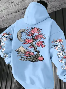 Men's Casual Hooded Sweatshirt, Dragon & Cherry Blossom Print, Long Sleeve Fitted Design, Perfect for Spring Autumn Winter Wear, Graphic Print Hoodie