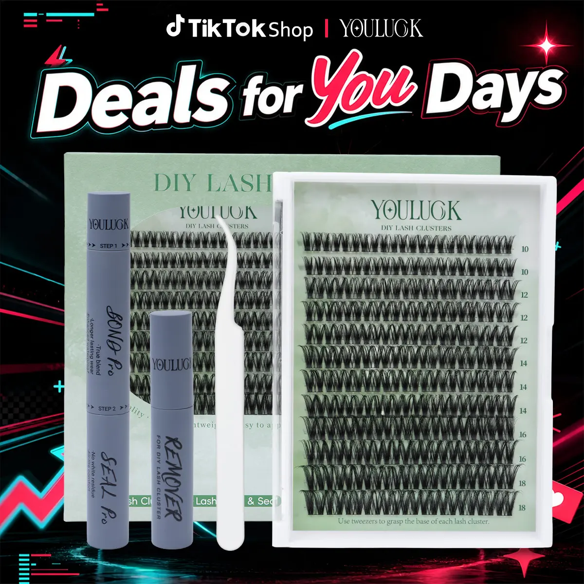YOULUCK Velvet Touch 2.0 Gray Glue Lash Clusters Upgraded – Waterproof Lightweight Natural Fluffy Individual Eyelash Extensions with Ultra-Thin Band Bond Seal Remover Set Perfect for Beginners