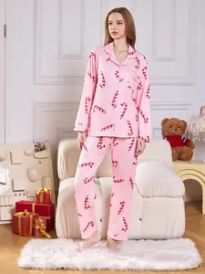 Two-Piece Set Women's Lapel Neck Pocket Shirt & Elastic Waist Pants Pyjama, Casual Comfy Long Sleeve Button Up Top & Trousers PJ Set, Women's Sleepwear for Fall & Winter, Valentine's Day Gift for Girl, Pajamas