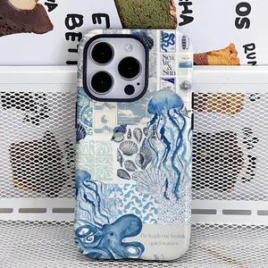 Beach Ocean Phone Case, cute summer aesthetic, blue collage with seashells and coastal elements design, slim shockproof protective cover, perfect gift for girls teens,iPhone 17 16 15 14 13 12 11 Pro Max Plus & Samsung Galaxy S26 S25 S24 S23 S22 Ultra